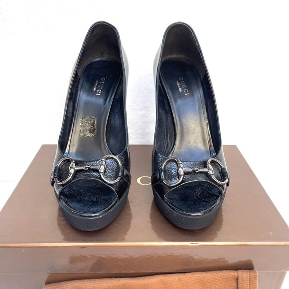 Auc Gucci Horsebit Patent Leather Open Toe Heels - Picture 3 of 12